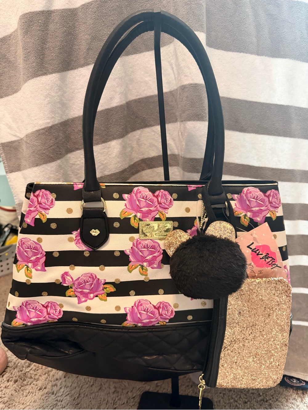 Luv Betsy Johnson Stripe Tote with Bag Charm and Pouch